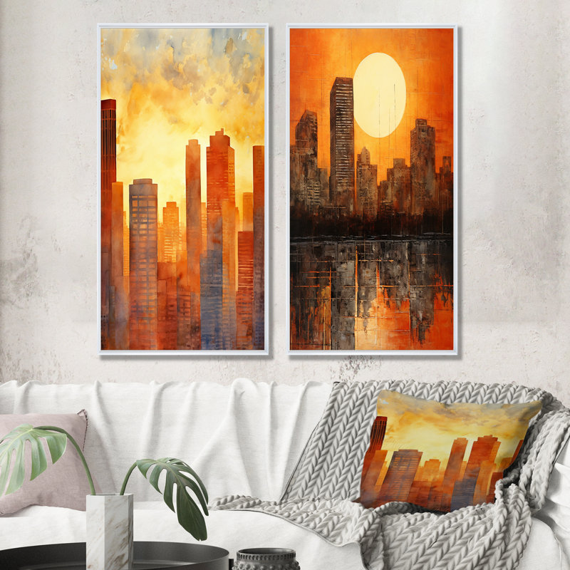 Coucher de soleil coucher de soleil sur une grande ville - gratte-ciel, ensemble de 2 impressions sur toile, Cadre blanc