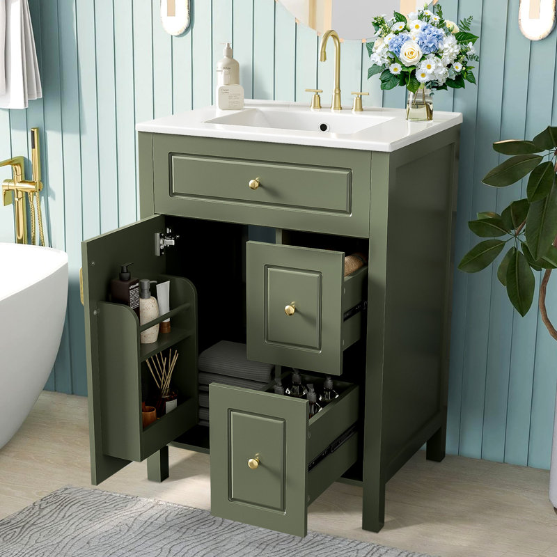 24-inch Bathroom Vanity With Ceramic Sink, Green