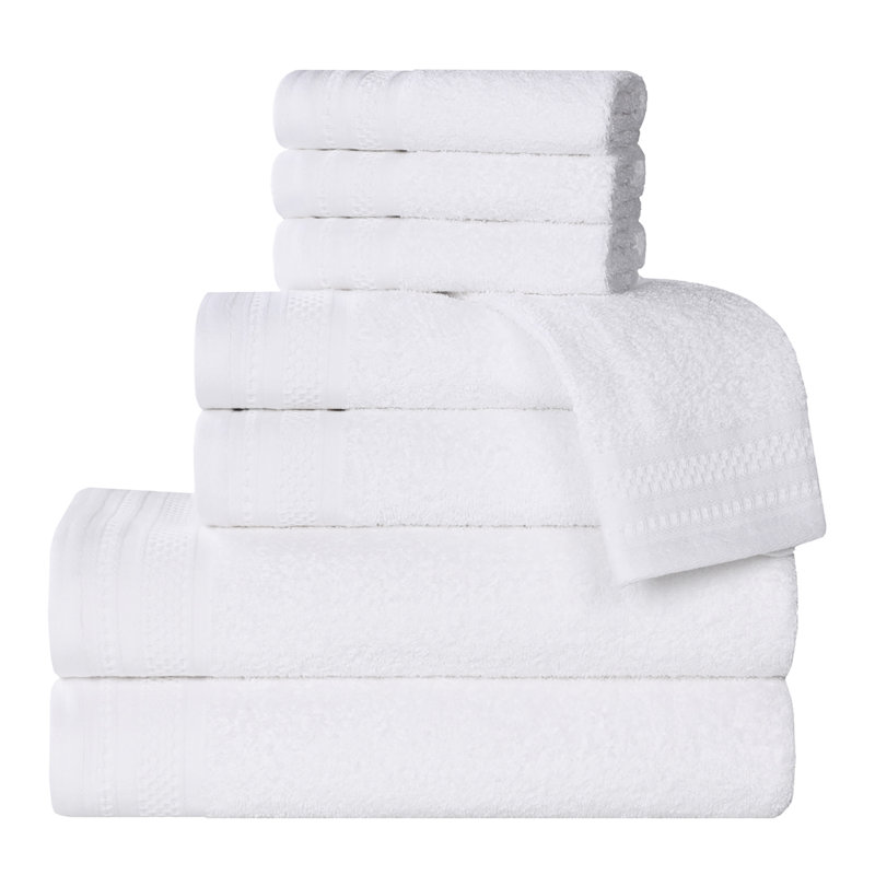 Honeycomb Textured Waffle Border Cotton Medium Weight 8 Piece Towel Set, White