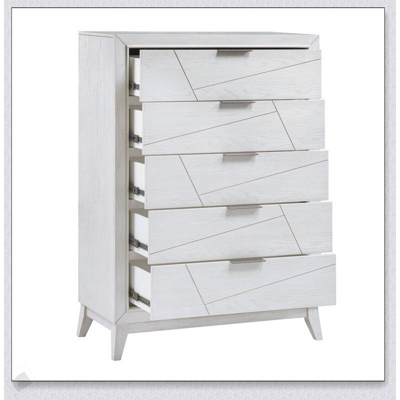 Antique White Finish Storage Chest with Five Drawers, Perfect for Modern and Traditional Bedrooms.