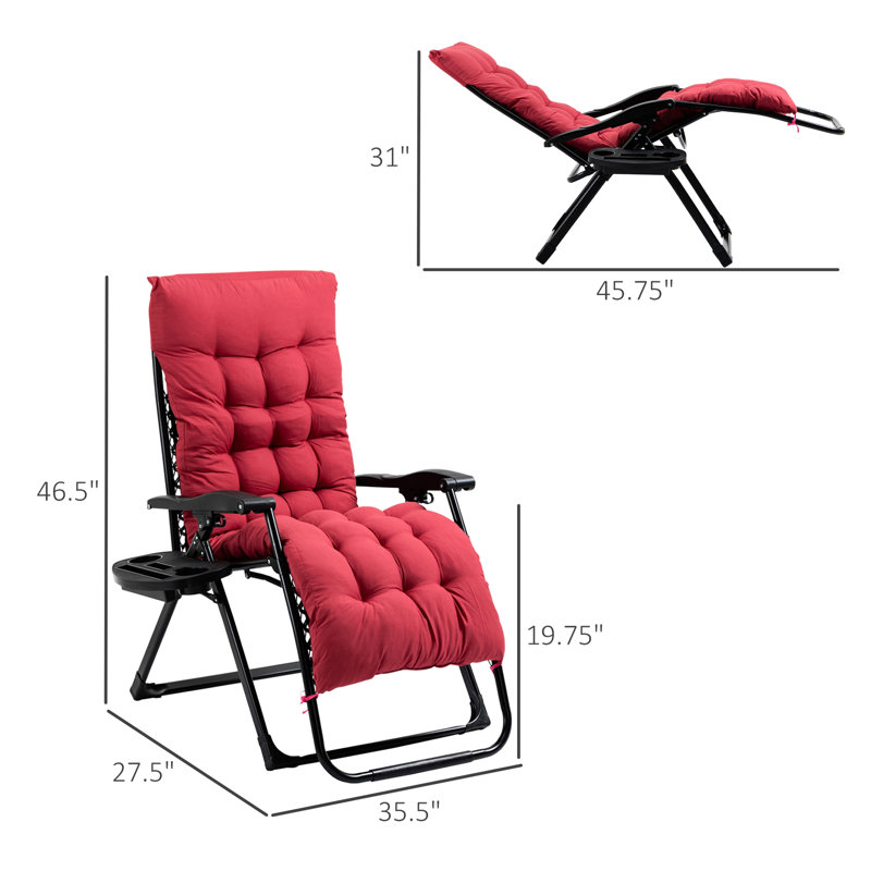 Red Zero Gravity Folding Reclining Chair With Cushion And Side Tray, For Indoor Outdoor Leisure, Supports 264 Lbs Portable Soft Supported, Relax