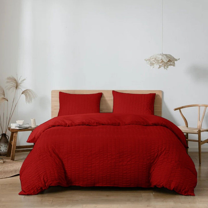 Seersucker Duvet Cover Set with Pillowcases, Red, Double