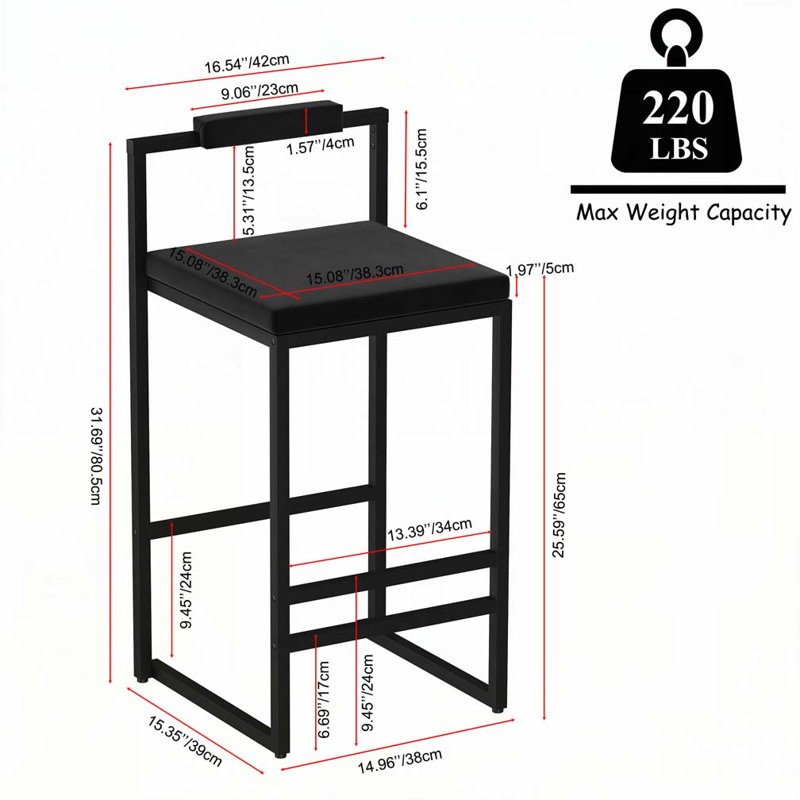 Velvet Counter Height Bar Stools with Low Backrest, Black Seat/ Black Frame