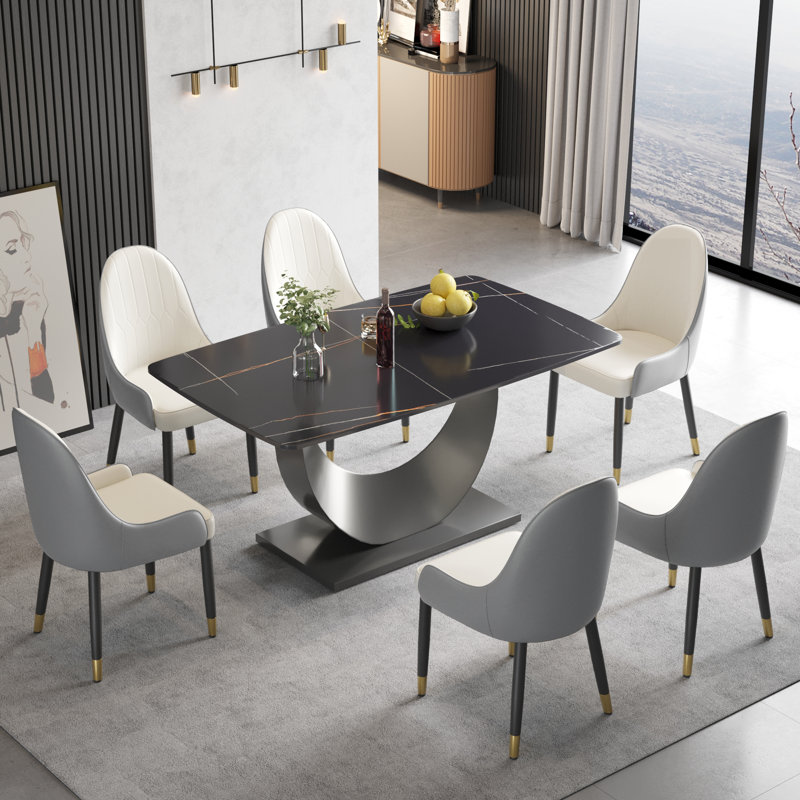 Ensemble de table de salle à manger à piédestal en pierre 7 pièces, Gris/blanc/noir, Noir