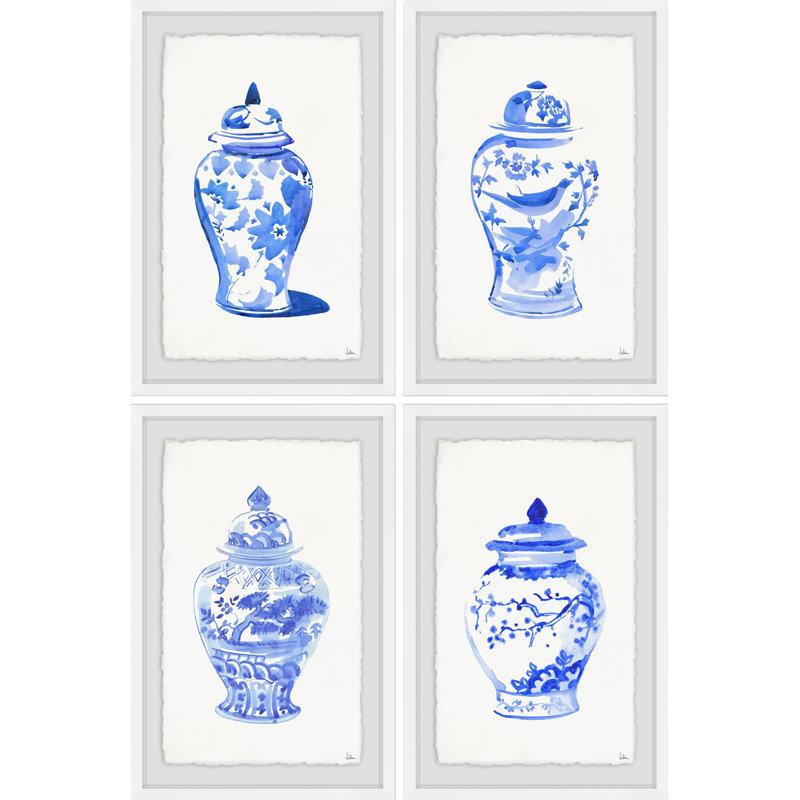 « chine vases iv quadriptych », ensemble de 4 reproductions de peintures à l’aquarelle encadrées, H 12 po x l 8 po x L 1,5 po