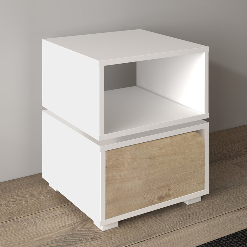 Table de chevet hibou, Blanc / Chêne