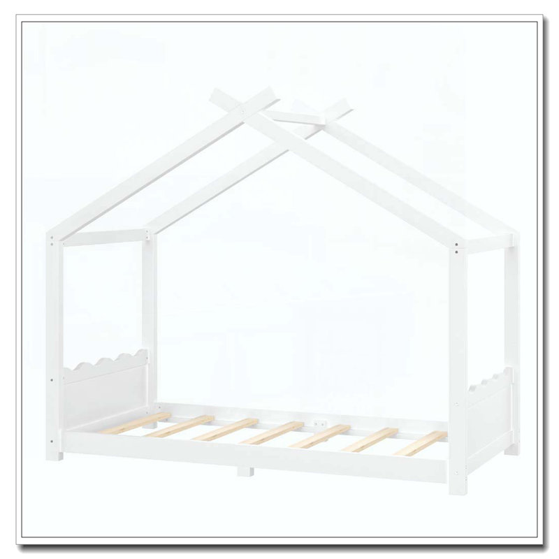 Lit de maison avec lattes de soutien, cadre de lit en bois massif pour enfants, aucun sommier et ouverture, Lit simple, Blanc