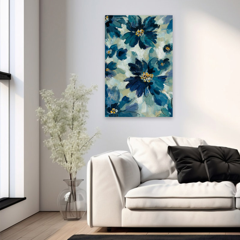 Encre florale I - floral beige abstrait bleu, H 36 po x l 24 po