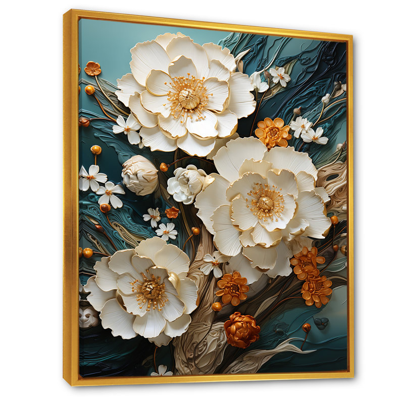 Or et fleurs blanches sur pierre bleue III - Fleurs, art mural, Cadre flottant doré, H 20 po x l 12 po x P 1 po