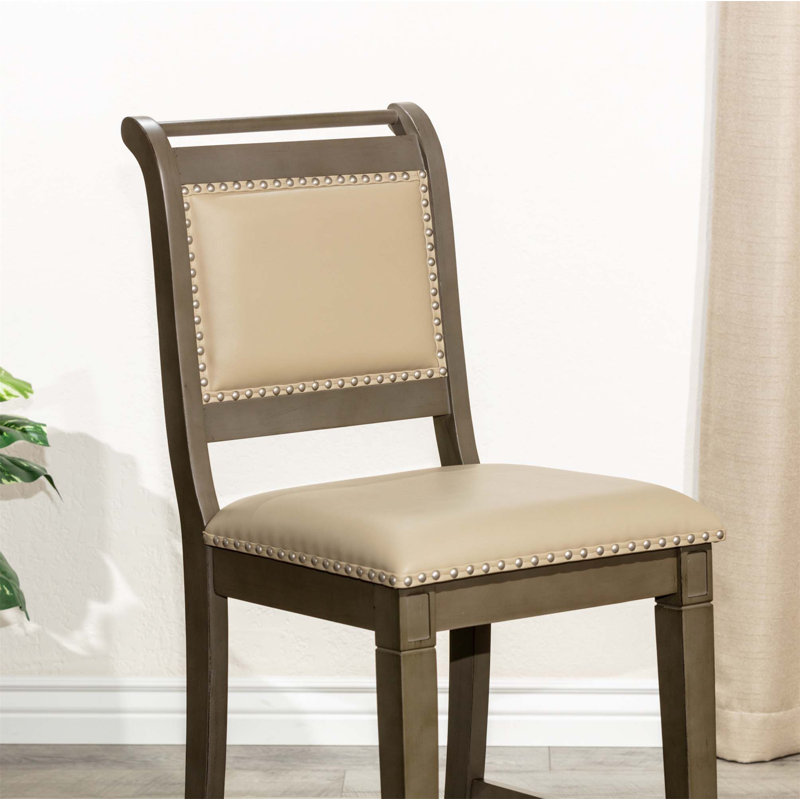 Tabouret de comptoir, siège en cuir, Gris français, Gris patiné