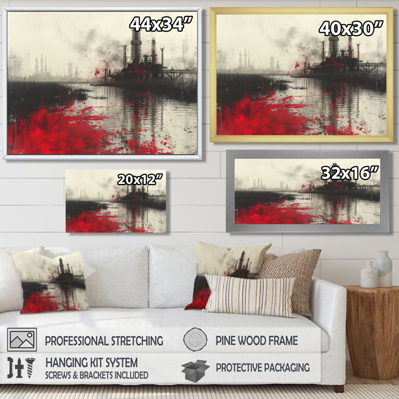 Rouge, noir, hiver, forage, aube, plate-forme de pétrole I, Toile encadrée noire simple, H 12 po x l 20 po x P 1 po