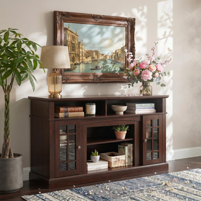 58" Fireplace TV Stand with Glass Door, Traditional American Country TV Stand with 23" Electric Heater, Large Home Entertainment Console Table for TV Up to 65'' for Living Room