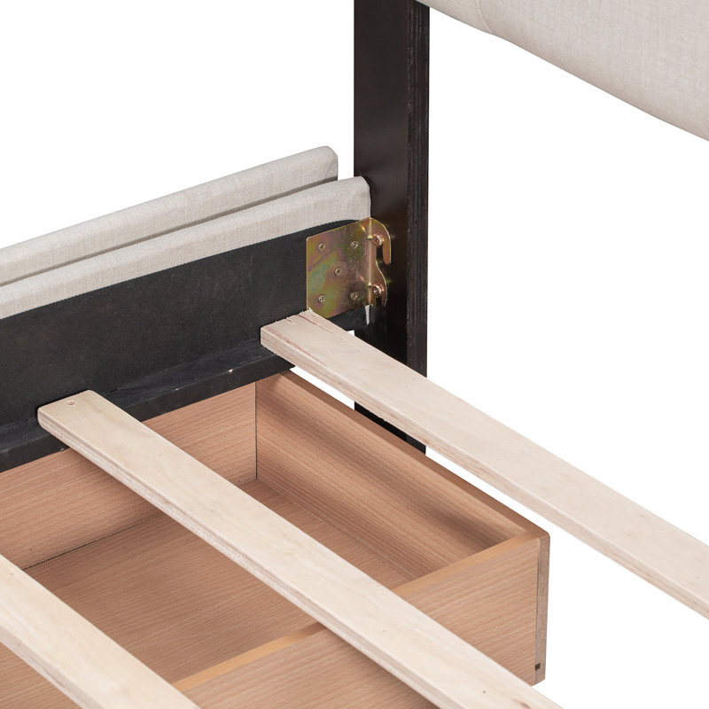 Lit plateforme tapissier en lin avec tête de lit et 4 tiroirs, Beige
