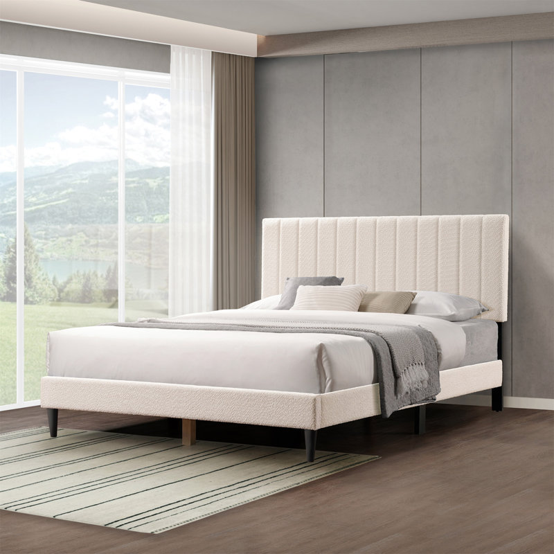 Grand lit plateforme tapissier crème avec tête de lit capitonnée et lattes de bois, sans sommier tapissier., Blanc, crème