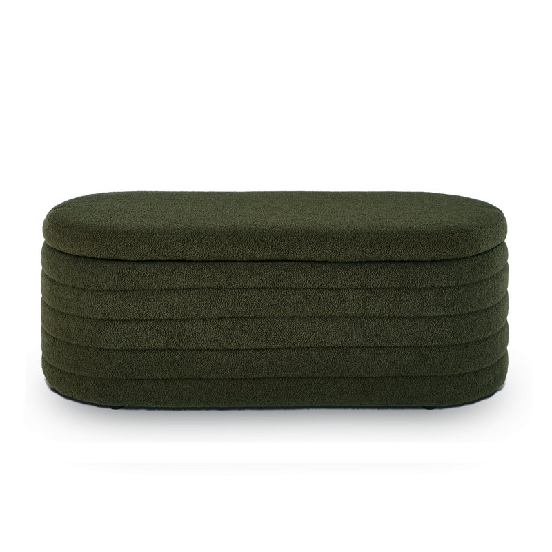 Modern Oval Storage Ottoman Bench, Upholstered Boucle Teddy Fabric End of Bed Bench with Storage, End of Bed Stool with Safety Hinge for Bedroom, Living Room, Entryway