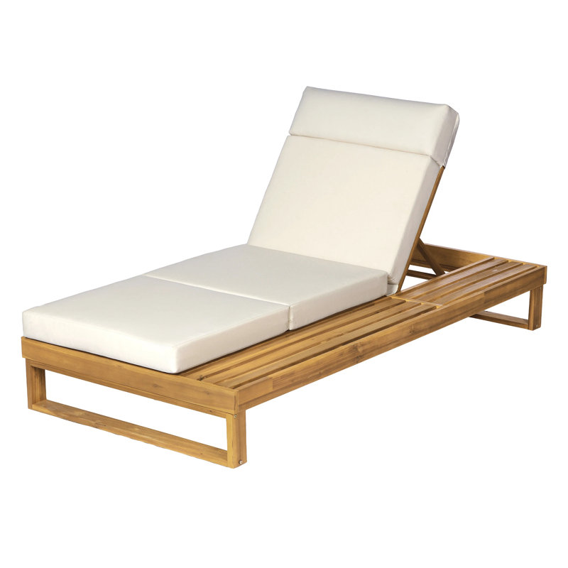 Acacia Wood Chaise Lounge with 4-Inch 4-Fold Cushion Set, Adjustable Outdoor Patio Lounger with Flat Side Surface, for Poolside
