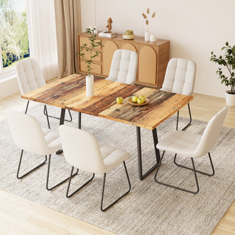 6 - Person Kitchen Dining Set, 47'' to 62'' Extendable Dining Table with 32.8"H Upholstered Dining Chairs, Space-saving Long Dining Table Furniture for 6 Person