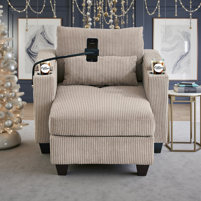 Chaise longue convertible en velours côtelé avec port USB, porte-gobelets et accoudoirs de rangement, Brun