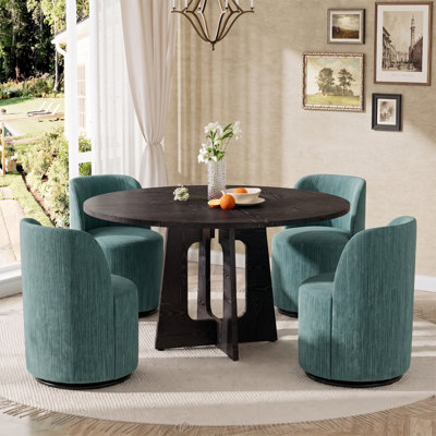 Modern  5-Piece Dining Set with Swivel Barrel Round Upholstered Teal Linen Chairs with casters
