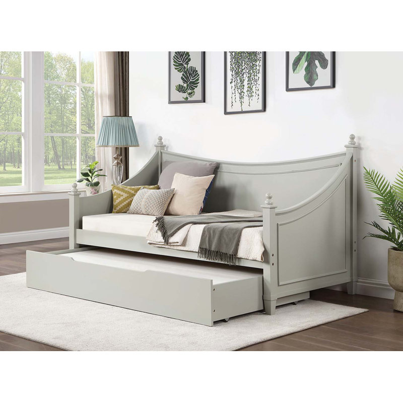Light Gray Finish Transitional Style Molding Design Twin Daybed, Mattress Ready with Poster and Finials, Solid Wood Structure