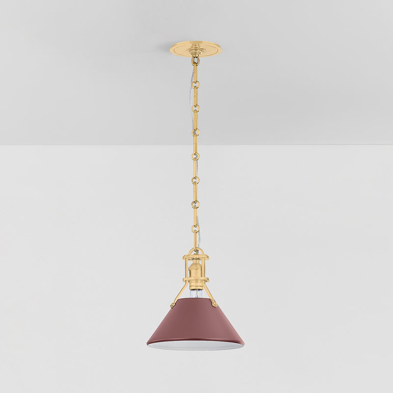 Painted No. 2 Pendant in Aged Brass and Blue Bird by Mark D. Sikes, Soft Crimson, Brass, 9.25" H x 9.5" W x 9.5" D