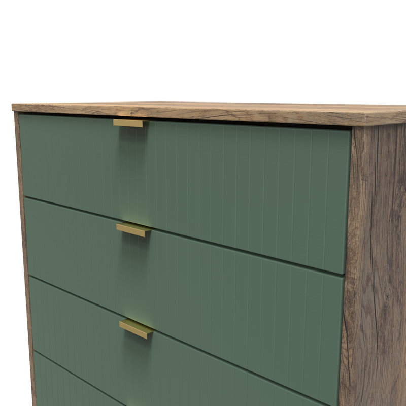 Fully Assembled Alojz 4 - Drawer Chest of Drawers, Labrador Green/Vintage Oak