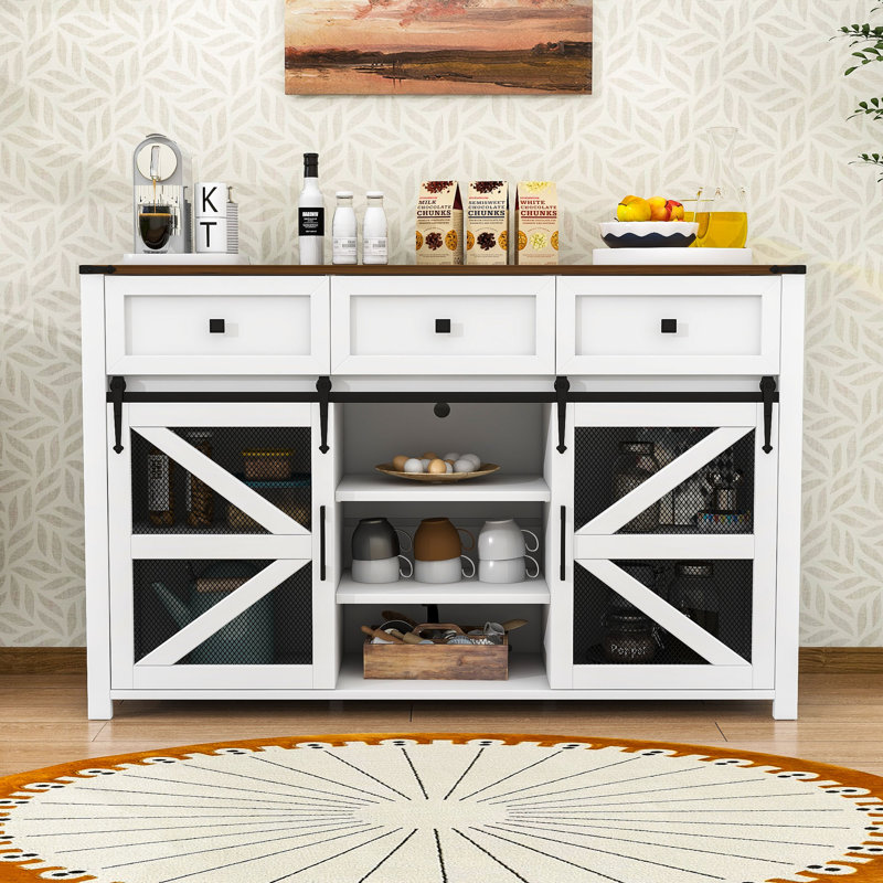 3 Drawers Sideboard Buffet Cabinet with Sliding Barn Door, Adjustable Shelves and Metal Mesh Doors, White