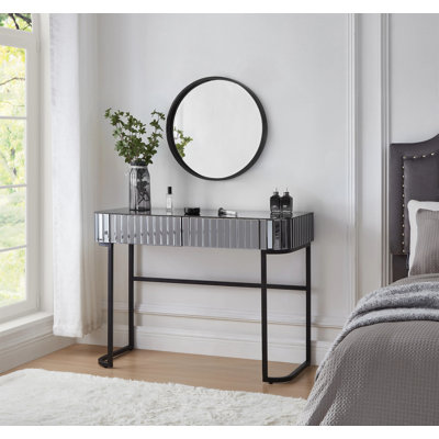 39" Mirrored Makeup Vanity Table With Stainless Steel Base, Mirrored Console Dressing Table With 2 Drawers,Versatile Desk For Bedroom And Office, Gray