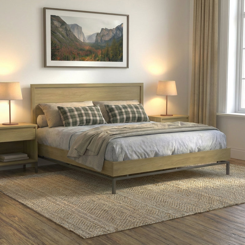 Zuniga Solid Wood Platform King Bed Frame, Solid Ash Wood, 15 Year Warranty, 1200lbs Capacity, Gold, King