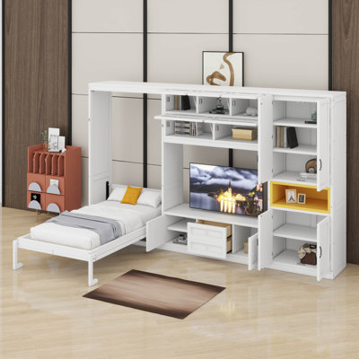Lit escamotable simple en bois avec meuble télé, tiroirs, tablettes et armoires