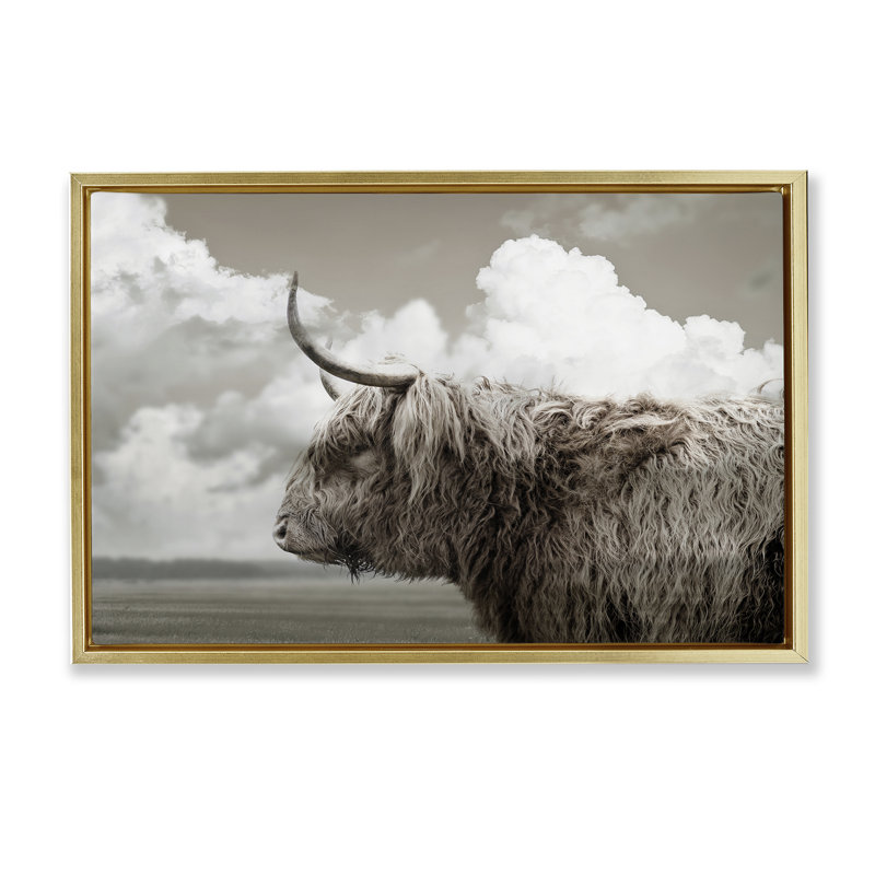 Longhorn Cattle & Clouds View, Metallic Gold Floater Frame, 21" H x 31" W