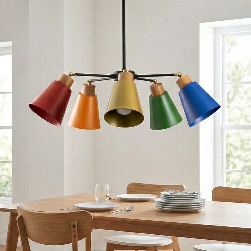 Kallie 5-Light Shaded Multi-Color Modern Chandelier with Natural Wood Accents