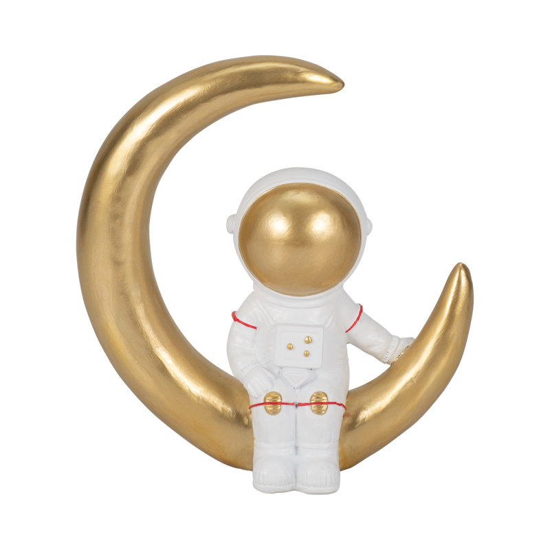 Matteen Astronaut Figurine Resin Polyresin Crescent Moon Design Metallic Red Accents Glam Decor for Home Office Bedroom Living Room Tabletop or Shelf Display - 7" White & Gold