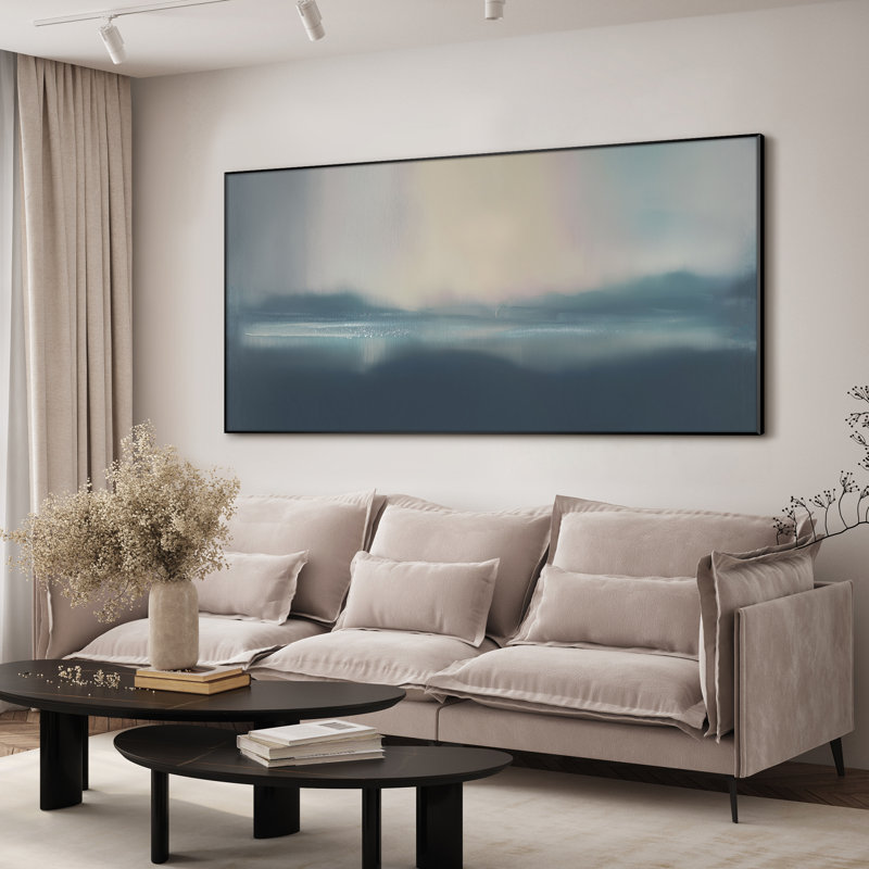 Très grande reproduction d'art sur toile - Horizon brumeux doux en bleu et beige, décoration pour le salon ou la chambre à coucher - «Assemblage requis du cadre (cadre non fini)»