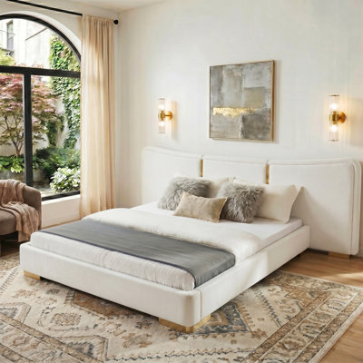 Chenille Upholstered Platform Bed Frame With Wide Curved Headboard, Electroplated Gold Legs, Wooden Slats & Metal Support Structure