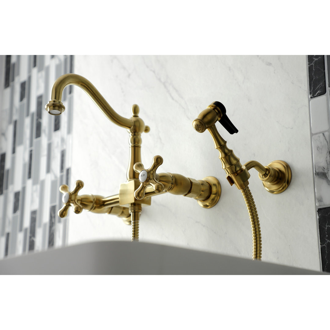 Kingston Brass Heritage Double-Handle 3-Hole Wall-Mount Bridge Kitchen Faucet with Brass Sprayer Kingston Brass 