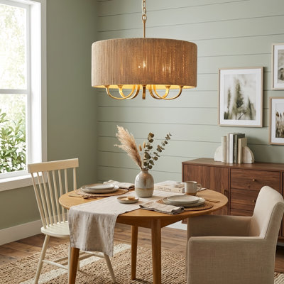 Stephane 5 - Light 22"W Dimmable Polished Brass Drum Chandelier with Rattan Shade for Dining Room or Bedroom