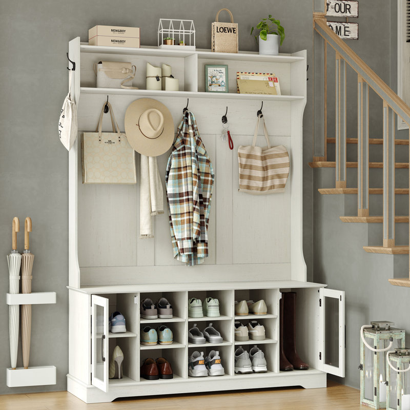 Jaxsin Hall Tree 51.3" Wide with Bench and Shoe Storage,4-in-1 Design Coat Rack for Entryway,Off White, White