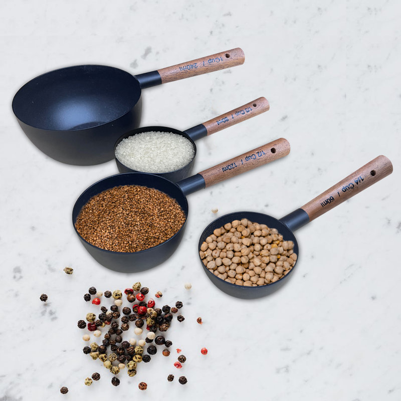 Black Stainless Steel Measuring Cups with Wooden Handles, Set of 4