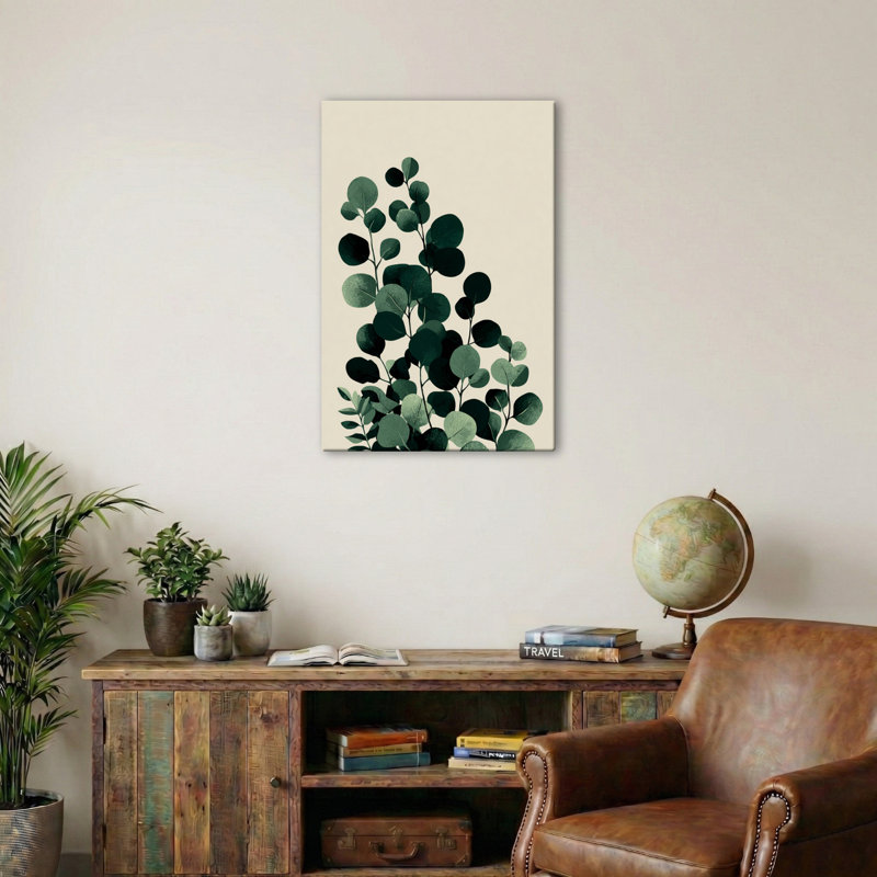 Scandinavian Eucalyptus Wall Art Home Decor Minimal Botanical Illustration In Deep Greens On Soft Beige, Premium Wrapped Canvas - Wrapped Canvas Print