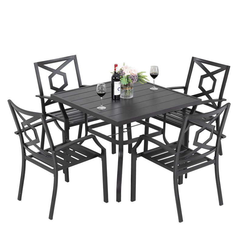 Modbury Outdoor 5-Piece Dining Set, 4 Iron Chairs, 37 Inch Square Table with 1.57'' Umbrella Hole, for Garden, Black