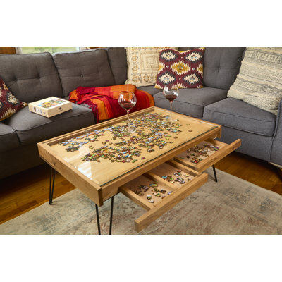 Table basse rustique avec plateau en verre amovible et fente de rangement en verre - comprend 2 tiroirs cachés - 24 x 36 po. Fabriqué à 100% aux États-Unis