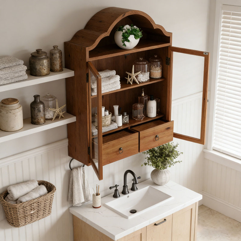 Solid Wood Wall Cabinet with Elegant Wave, Brown
