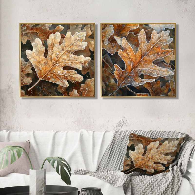 Frosty Oak Leaf I - feuilles, art mural - art mural traditionnel pour le salon, 2 pièces, 36" H x 73" W, Floater Framed, Gold