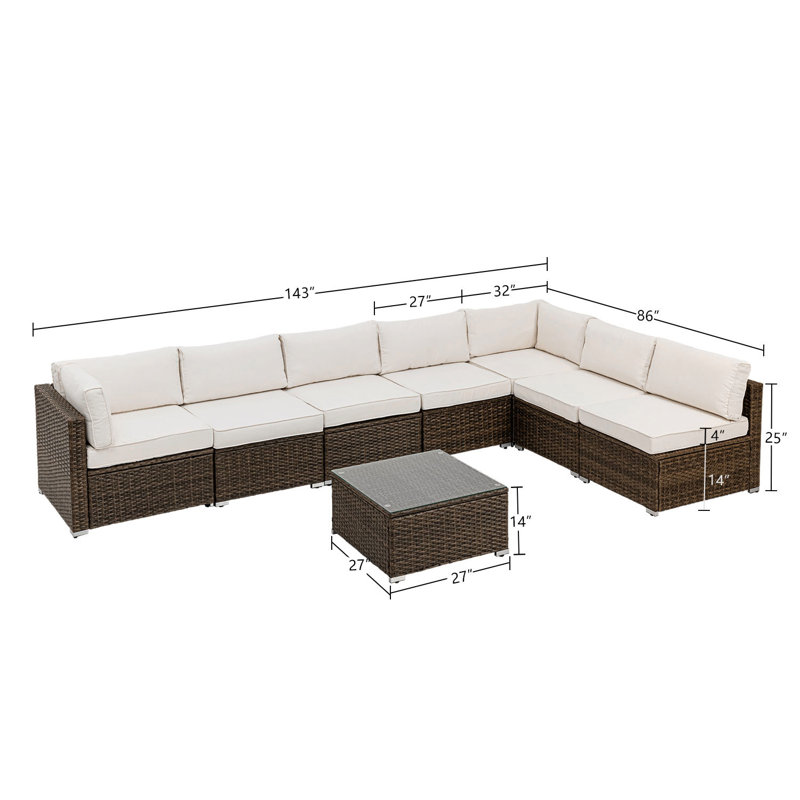 Ensemble de conversation modulaire avec coussins 8 pièces Danil, Blanc cassé, Brun