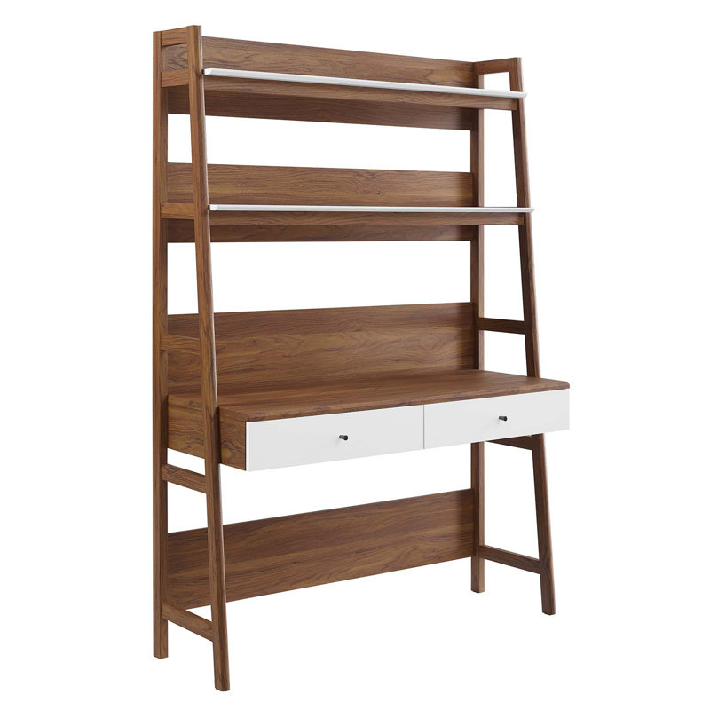 Walnut White Wood Office Desk with Bookshelf and Drawer