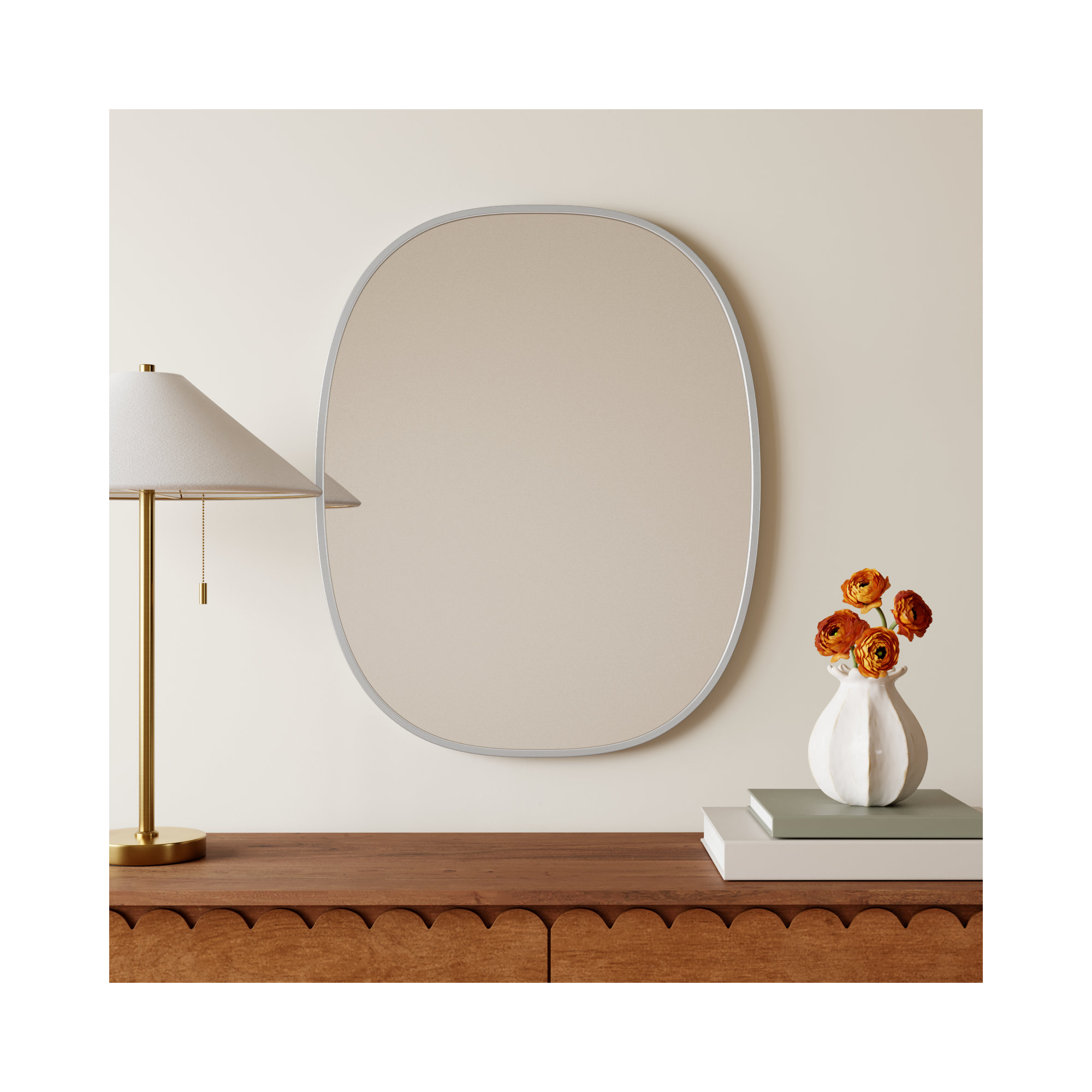Sabine Metal Curved Oval Wall Mirror, Silver, 30" x 24"