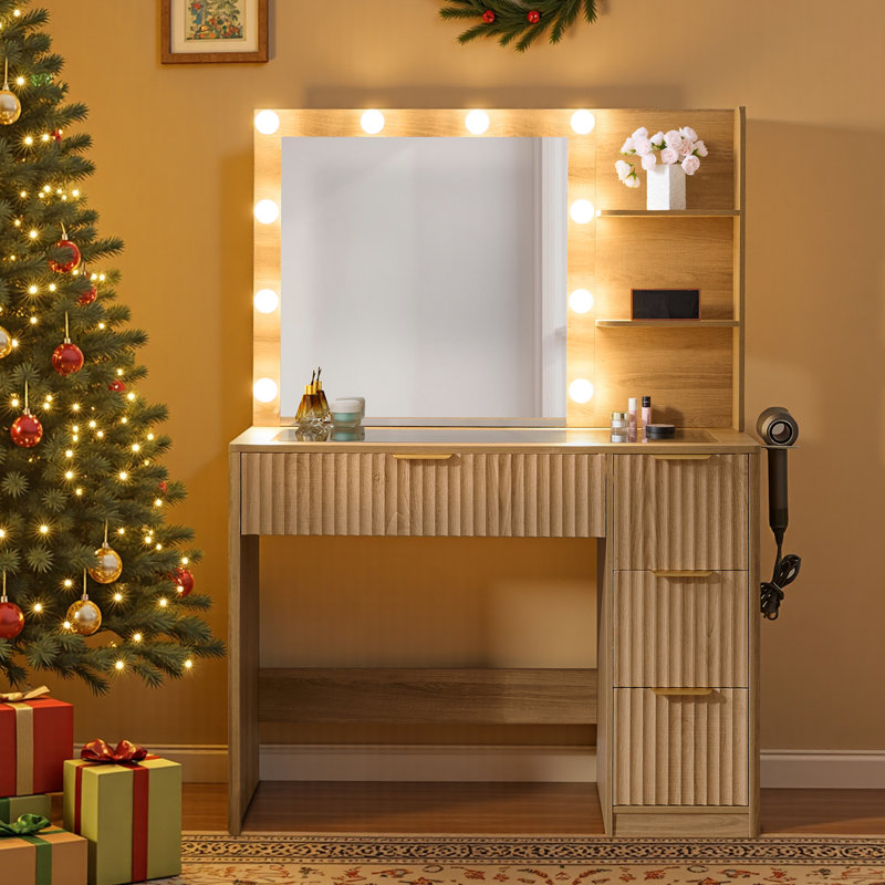 Dressing Table With Lighted Mirror And 4 Drawers, Brown