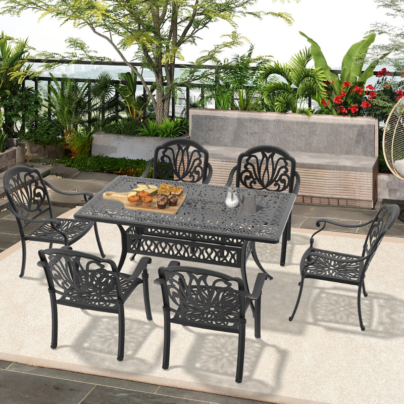 7-Piece 58.27" L 34.65" W Rectangula Table Cast Aluminum Outdoor Dining Set with Umbrella Hole and Brown Cushions