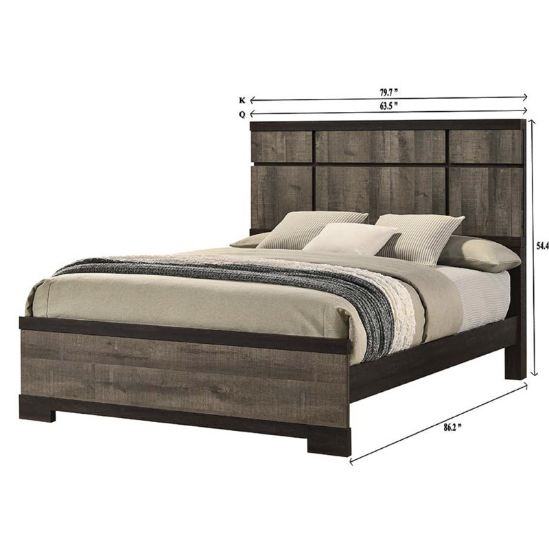 Cadre de grand lit transitionnel, tête de lit à panneau, couleurs grises et ébène, pièce maîtresse de la chambre à coucher, tête de lit de taille moderne au besoin avec sommier, ameublement contemporain, nécessaire, facile
